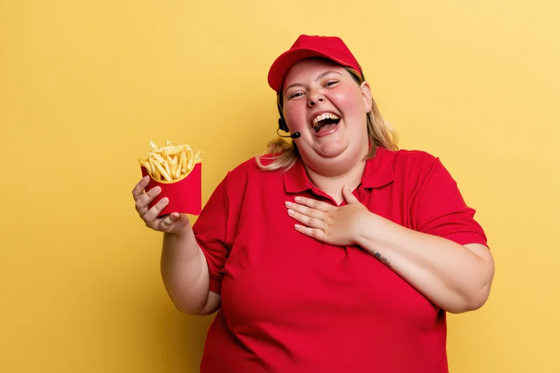 Young curvy woman in red fast food uniform holding french fries, smiling with hand on chest against yellow background