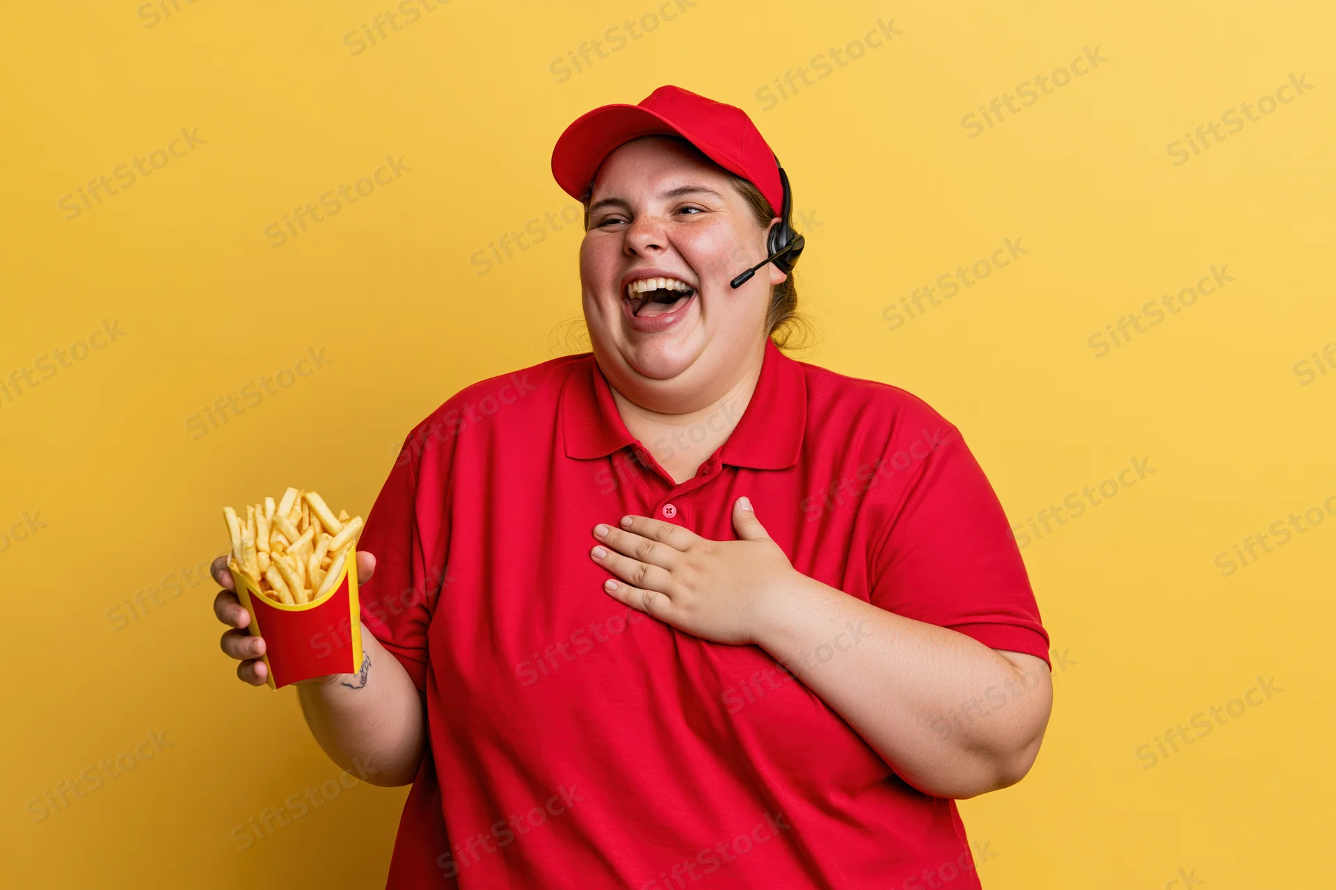 Woman in red fast food uniform laughing while holding french fries against yellow background