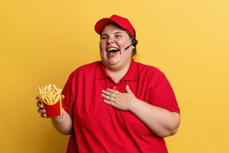 Woman in red fast food uniform laughing while holding french fries against yellow background