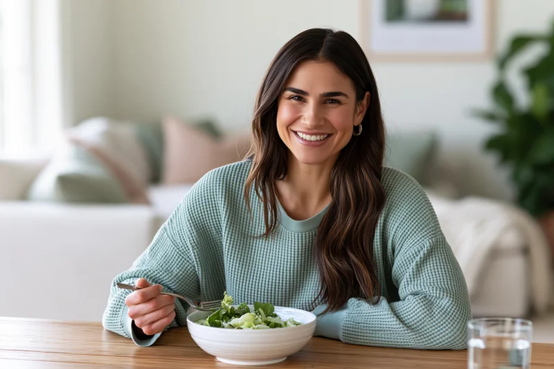 Woman smiling while eating salad at wooden dining table in home kitchen