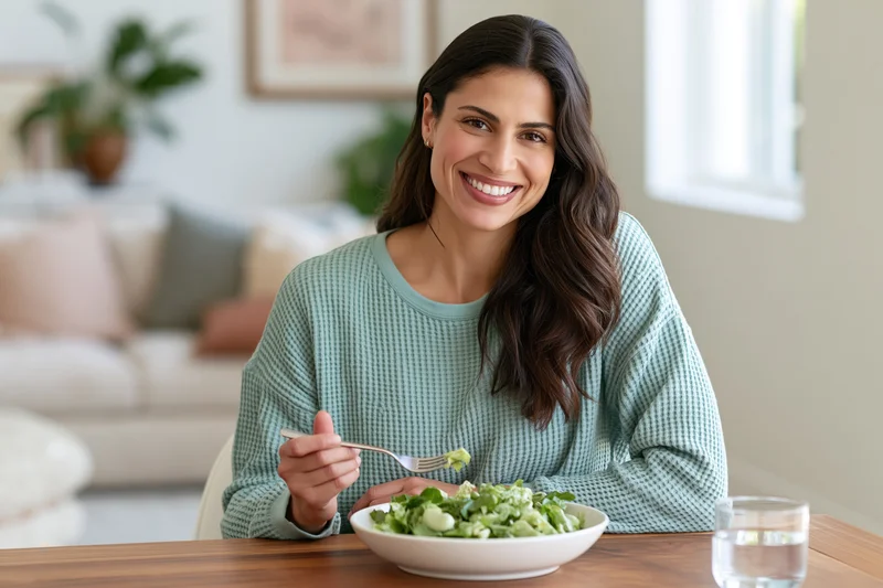 Woman smiling while eating salad at wooden dining table in home kitchen