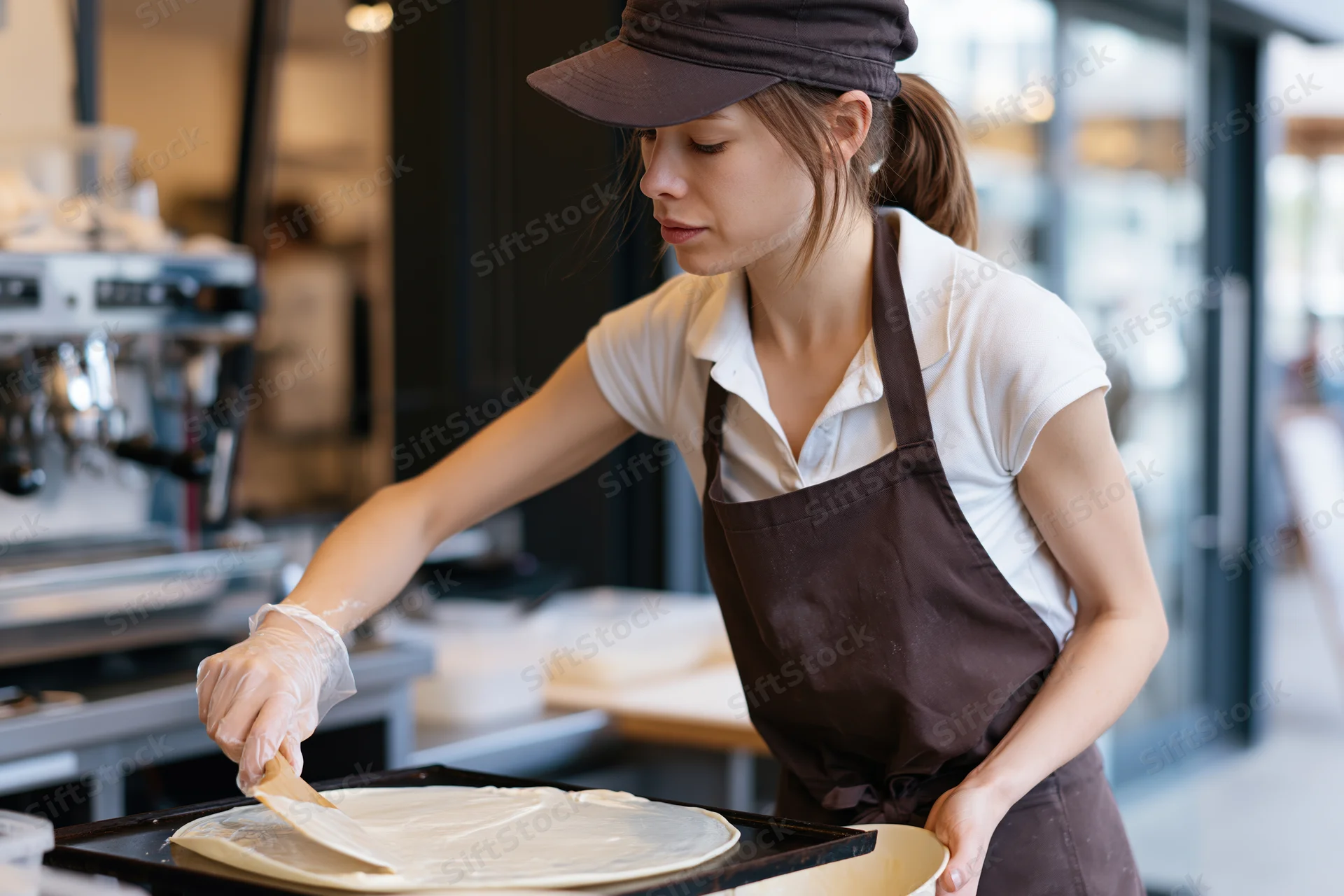 Woman spreading batter on a crepe in a cafe kitchen