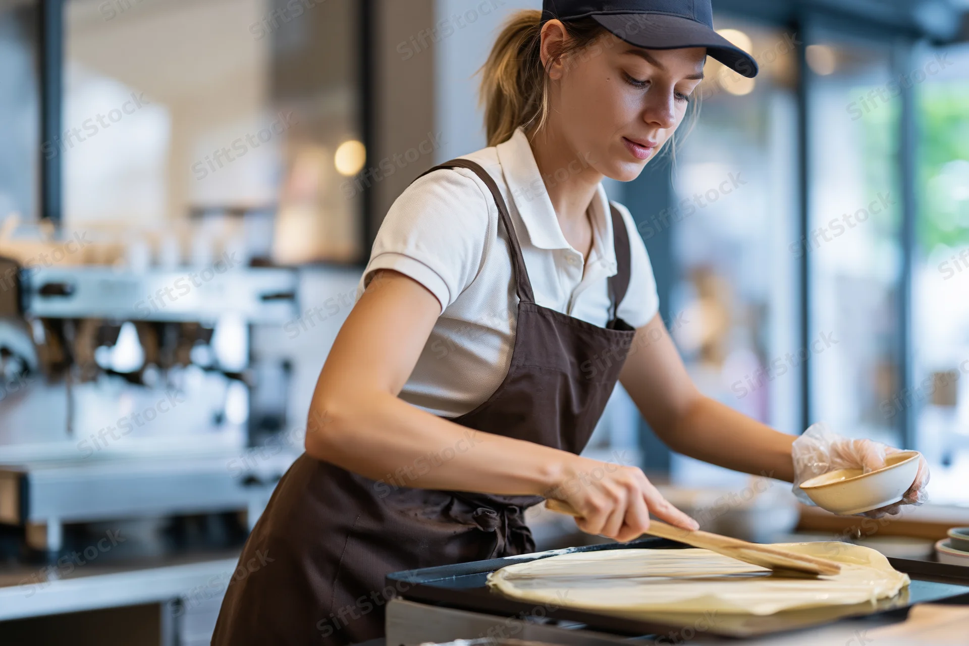 Woman spreading crepe batter on a flat griddle in a cafe kitchen