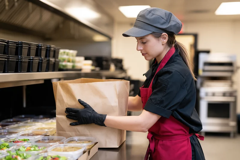 Woman chef packing meals into paper bag in commercial kitchen