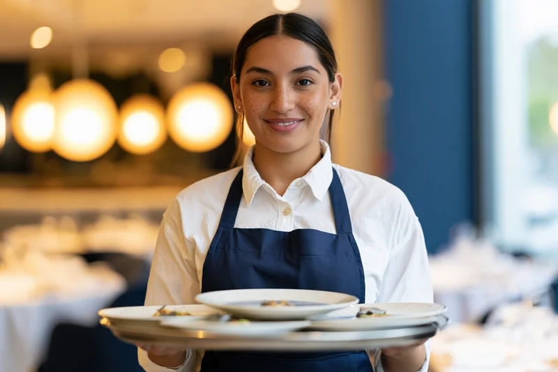 Young female waitress smiling while carrying a silver tray with plates of food in a restaurant dining room
