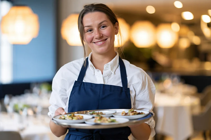 Waitress smiling while holding a tray of plated food in a restaurant dining area
