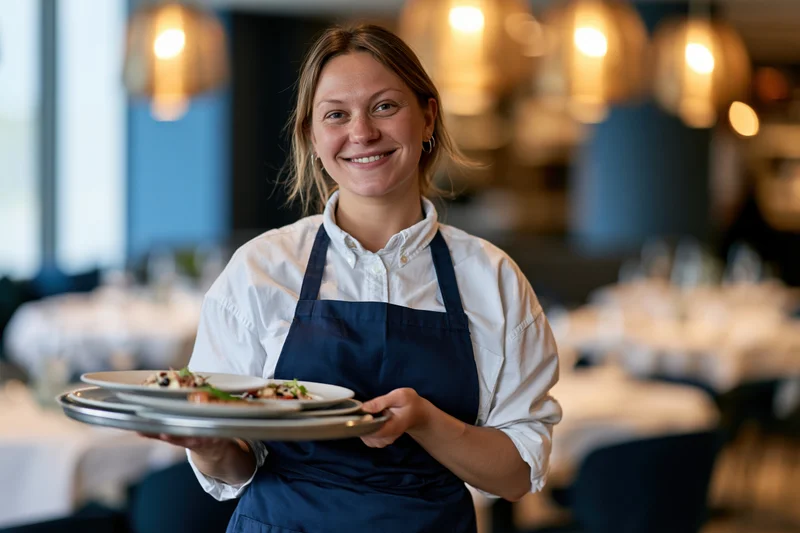 Waitress holding a silver tray with plates of food in a restaurant dining area