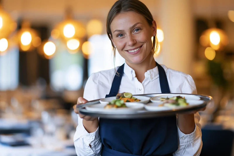 Young female waitress smiling while holding a tray with plated dishes in a restaurant dining room