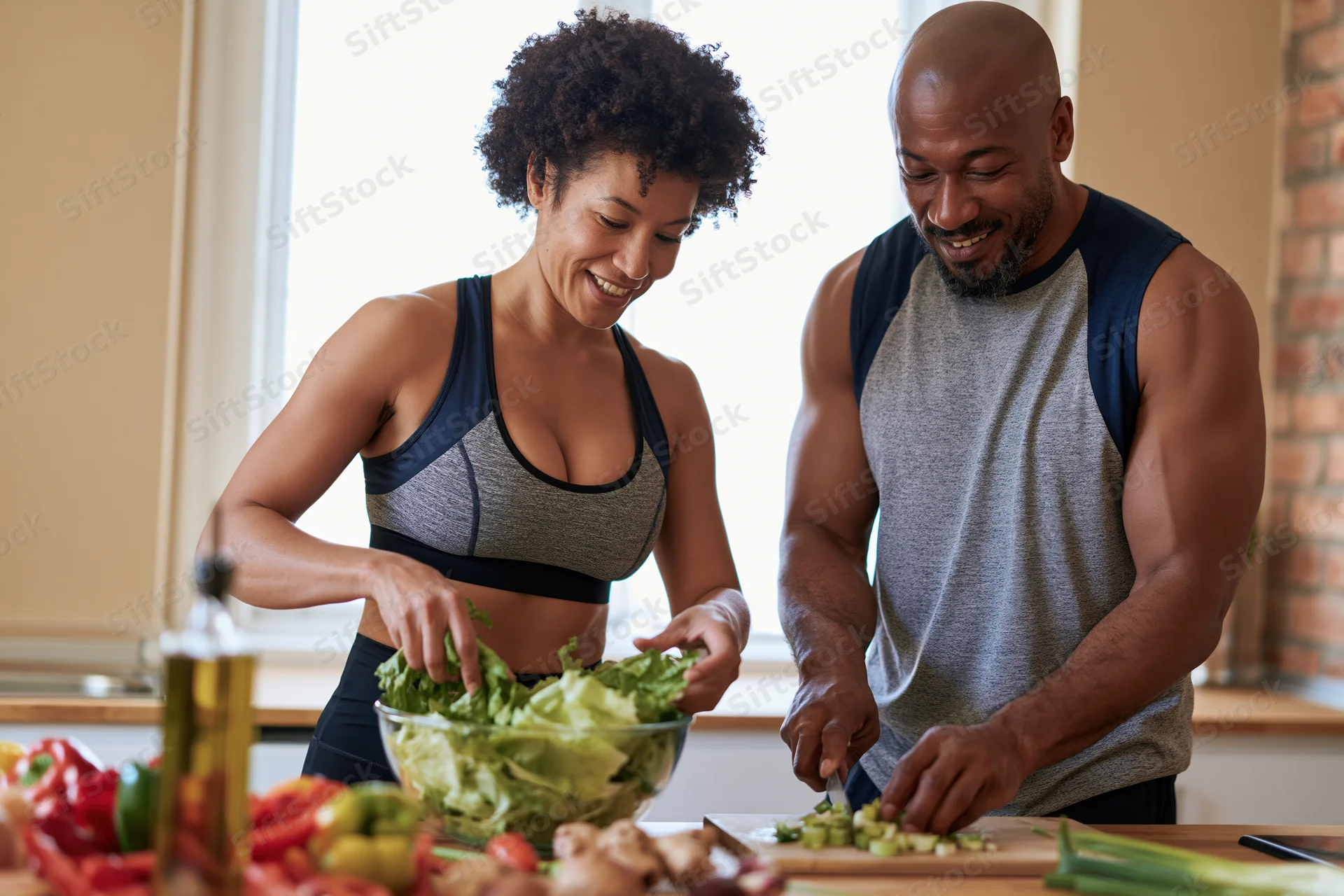 Fit couple preparing fresh vegetable salad together in kitchen
