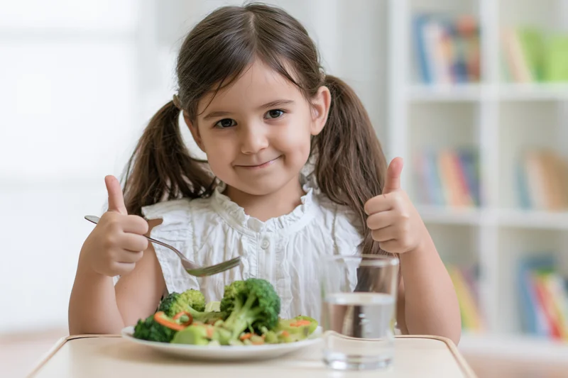 Young girl giving thumbs up while eating vegetables at a small table indoors