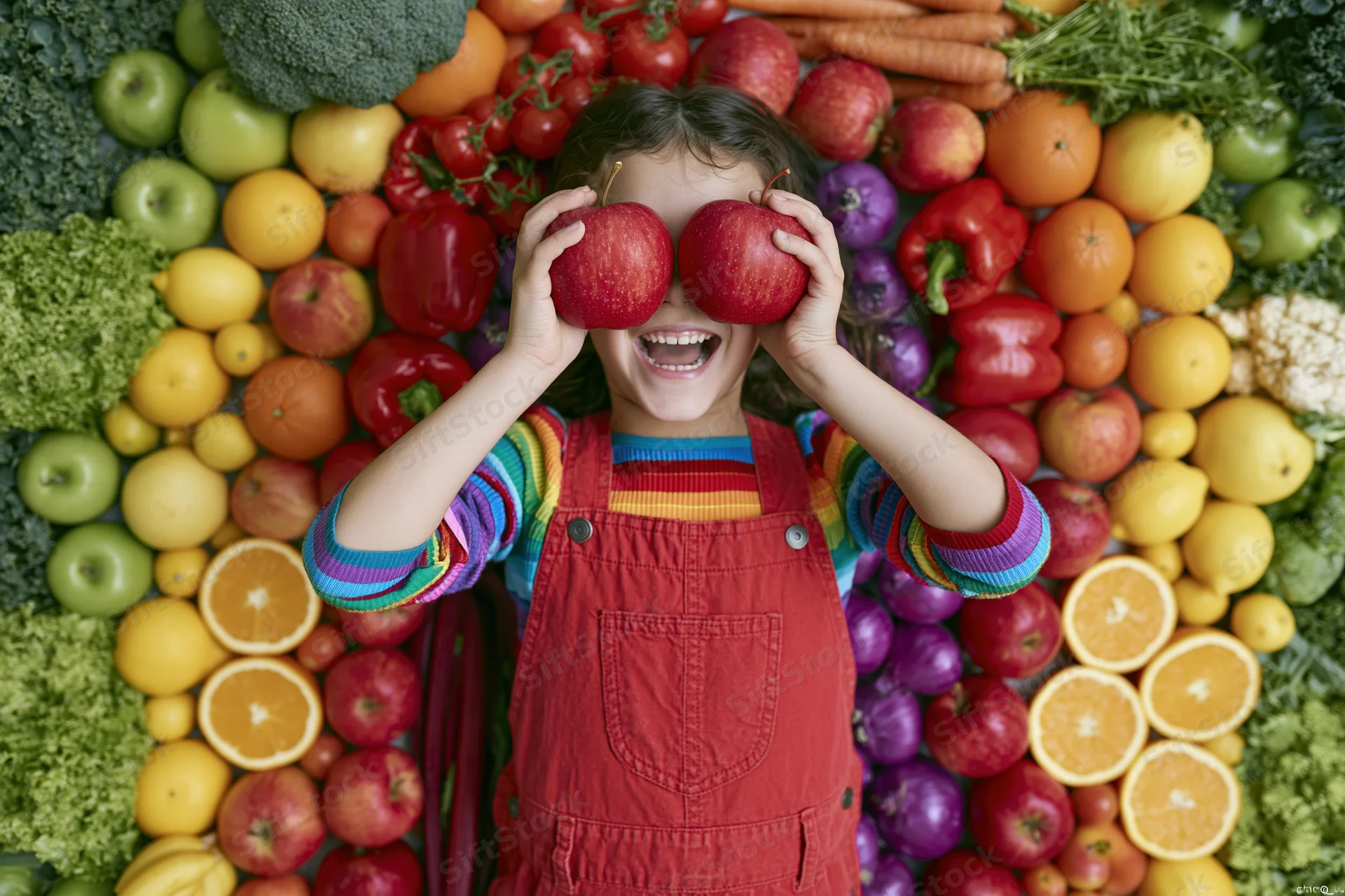Girl lying on back holding red apples over eyes surrounded by colorful fruits and vegetables