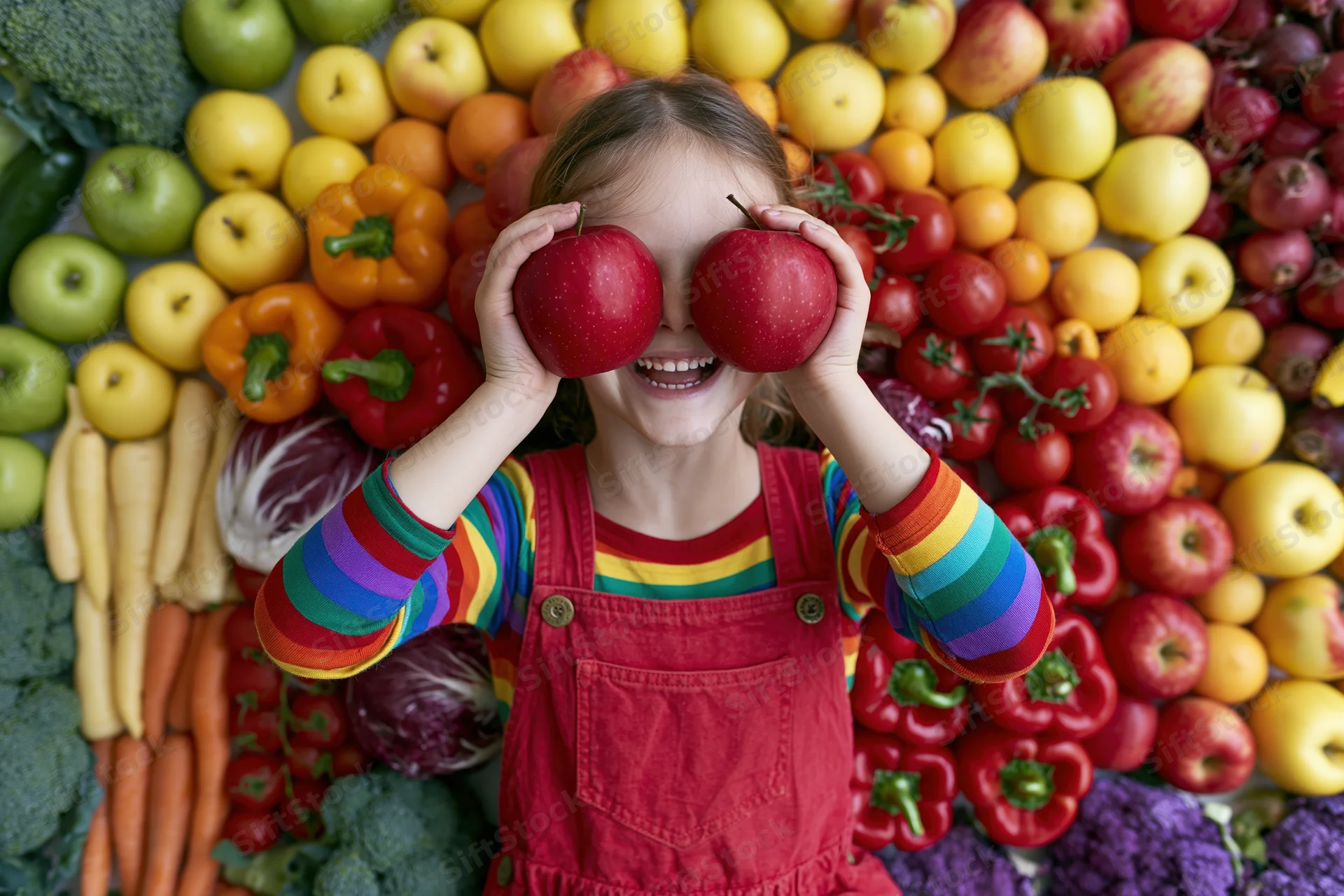 Girl lying on colorful fruits and vegetables holding red apples over her eyes, smiling
