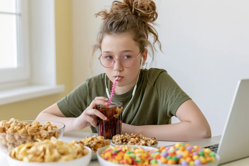 Girl with round pink glasses drinking soda from a straw while studying on a laptop at a table with snacks