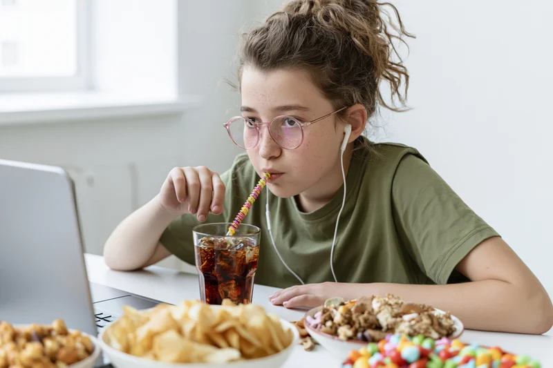 Girl with pink glasses drinking soda while studying on laptop at home