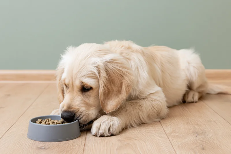 Young golden retriever puppy lying on light wood floor eating from a bowl