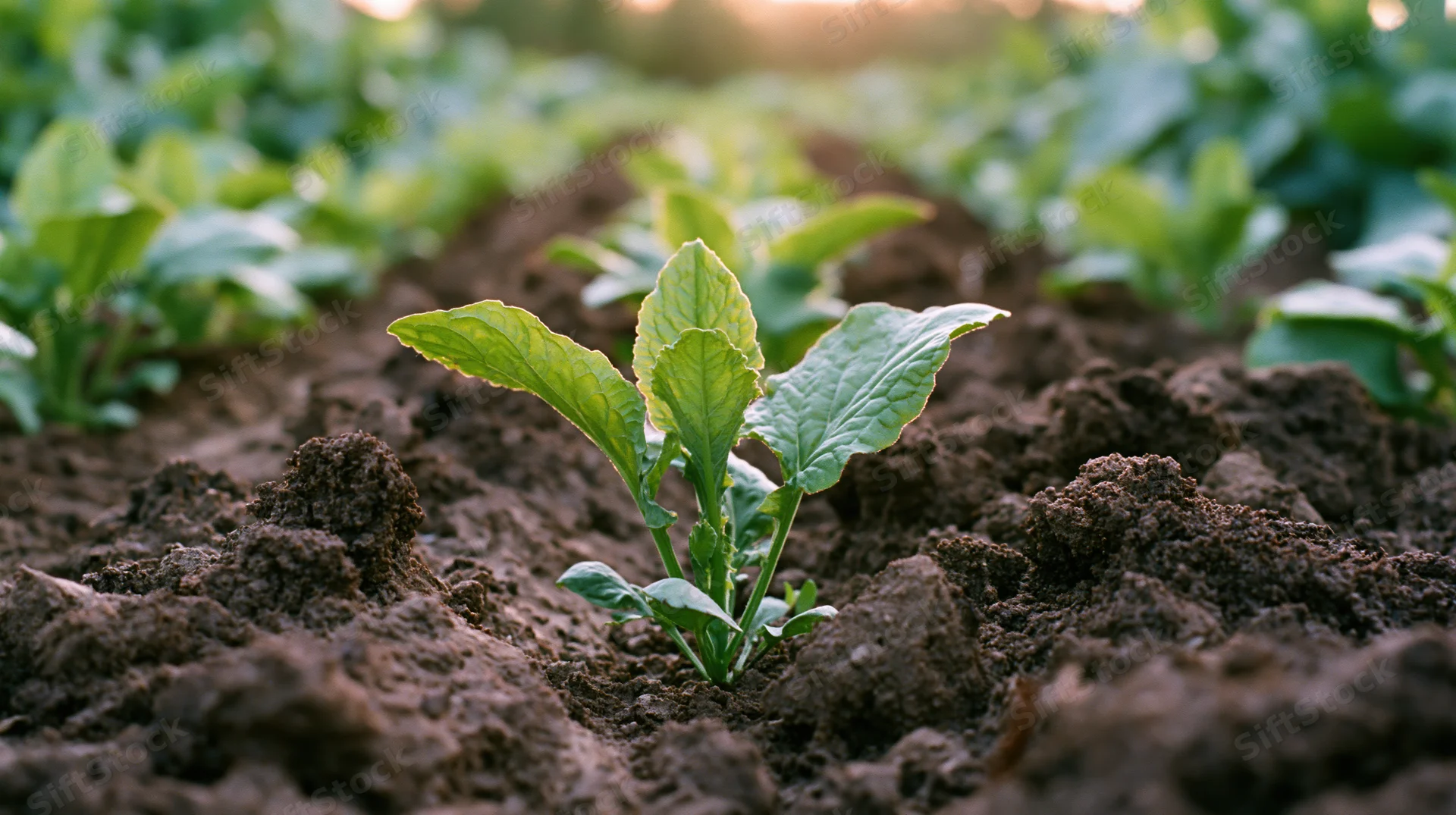 Young green seedling emerging from dark tilled soil in a garden field