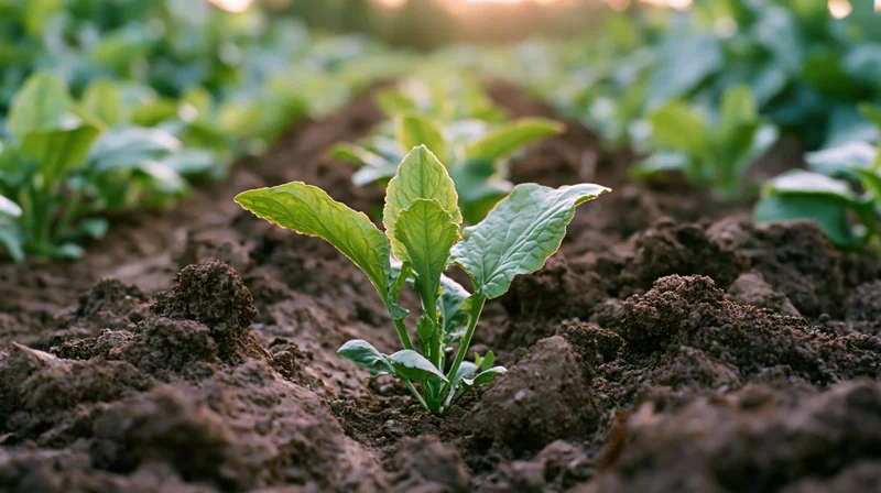 Young green seedling emerging from dark tilled soil in a garden field