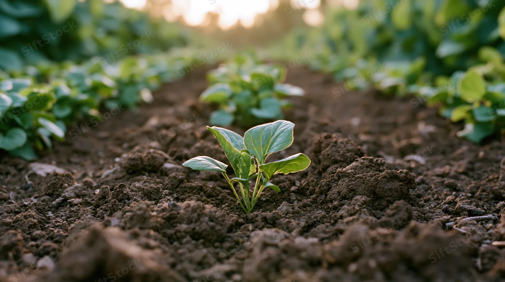 Young green seedling emerging from dark tilled soil in a cultivated field