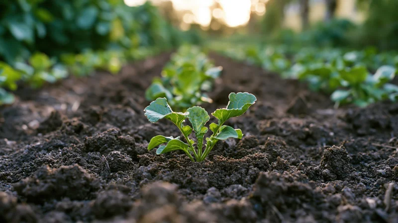 Young green seedling growing in dark tilled soil in a garden row