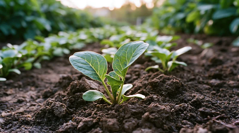 Young green seedling emerging from dark tilled soil in a garden row