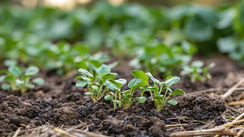 Young green seedlings emerging from dark soil in a crop field