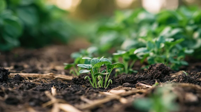 Young green seedlings emerging from dark soil in a crop field