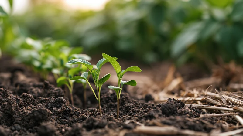 Young green seedlings emerging from dark soil in a crop field