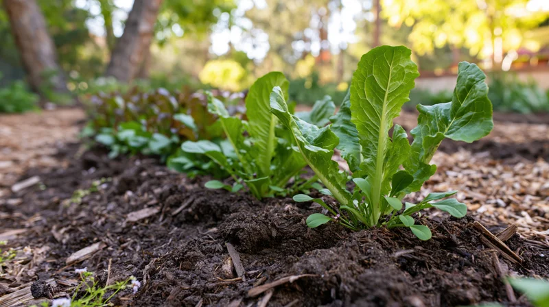 Young lettuce and leafy greens growing in rows in a backyard vegetable garden with mulched soil and trees in the background