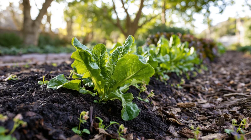 Young lettuce and leafy greens growing in a backyard vegetable garden with mulched soil and dappled sunlight