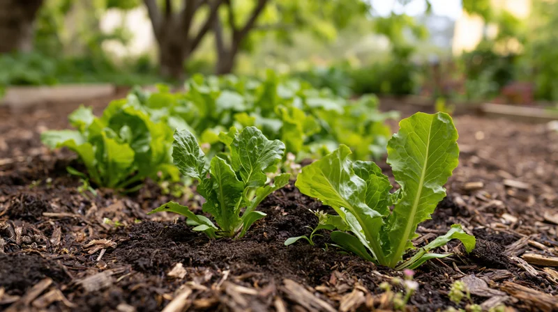 Young lettuce and leafy greens growing in a backyard vegetable garden with mulched soil