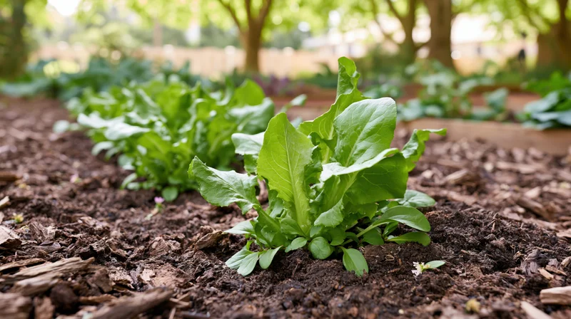 Young lettuce and leafy greens growing in rows in a backyard vegetable garden with mulched soil