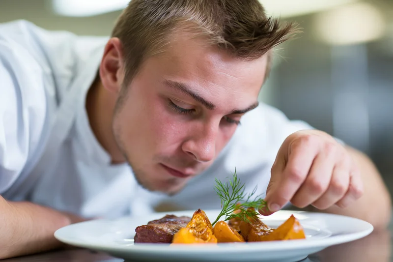 Young male chef carefully garnishing a plated dish with dill in a restaurant kitchen