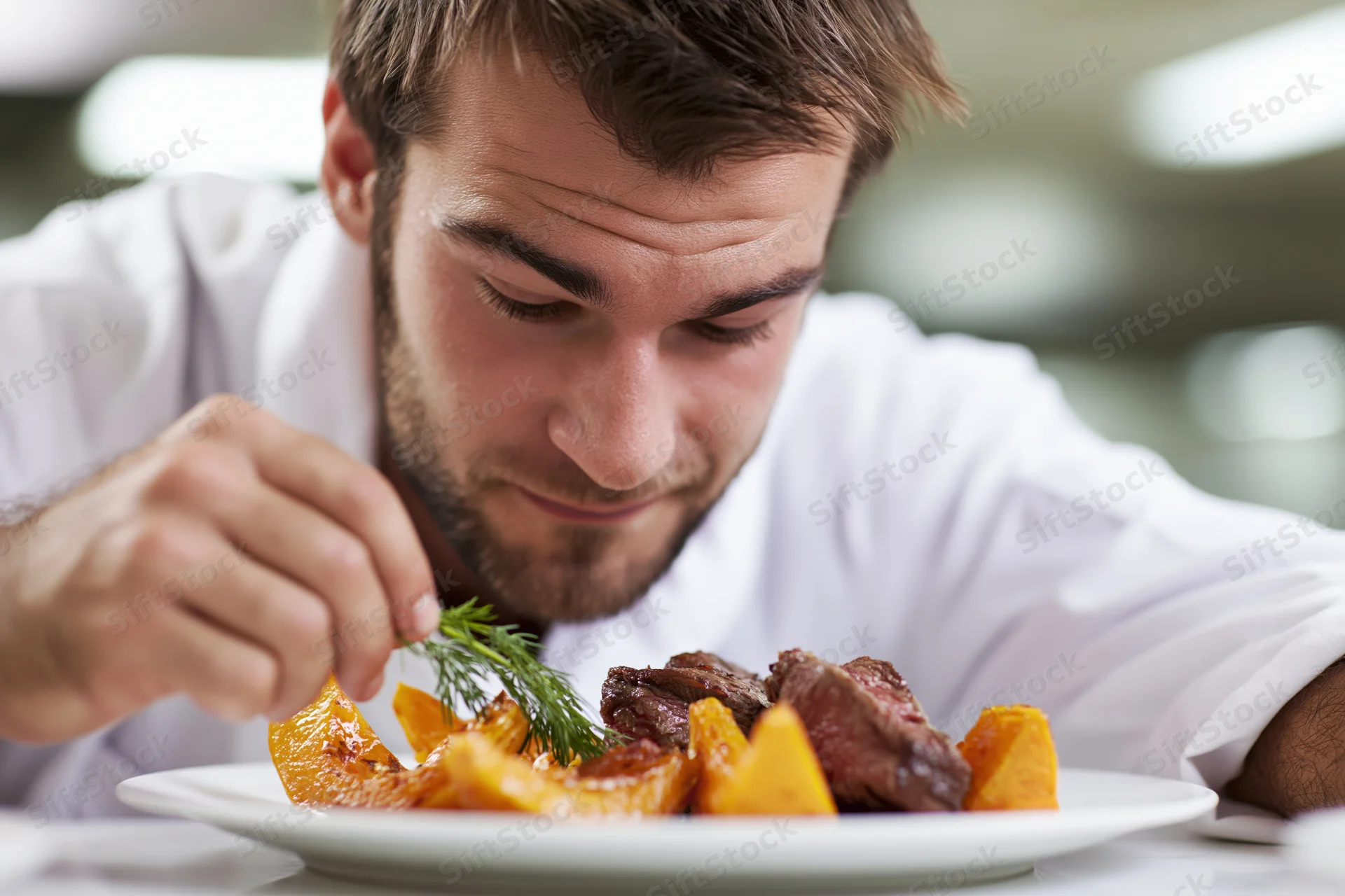 Male chef garnishing a plated dish with dill in a restaurant setting