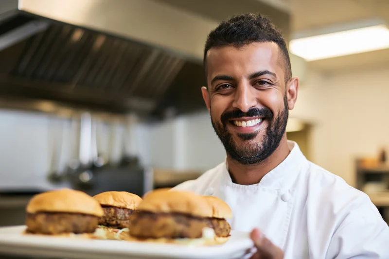 Smiling male chef holding plate of burgers in commercial kitchen