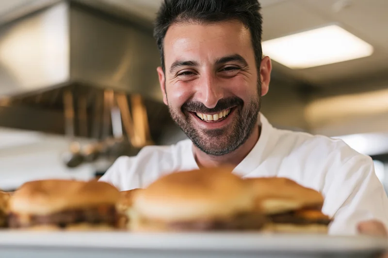 Smiling male chef holding plate of burgers in commercial kitchen
