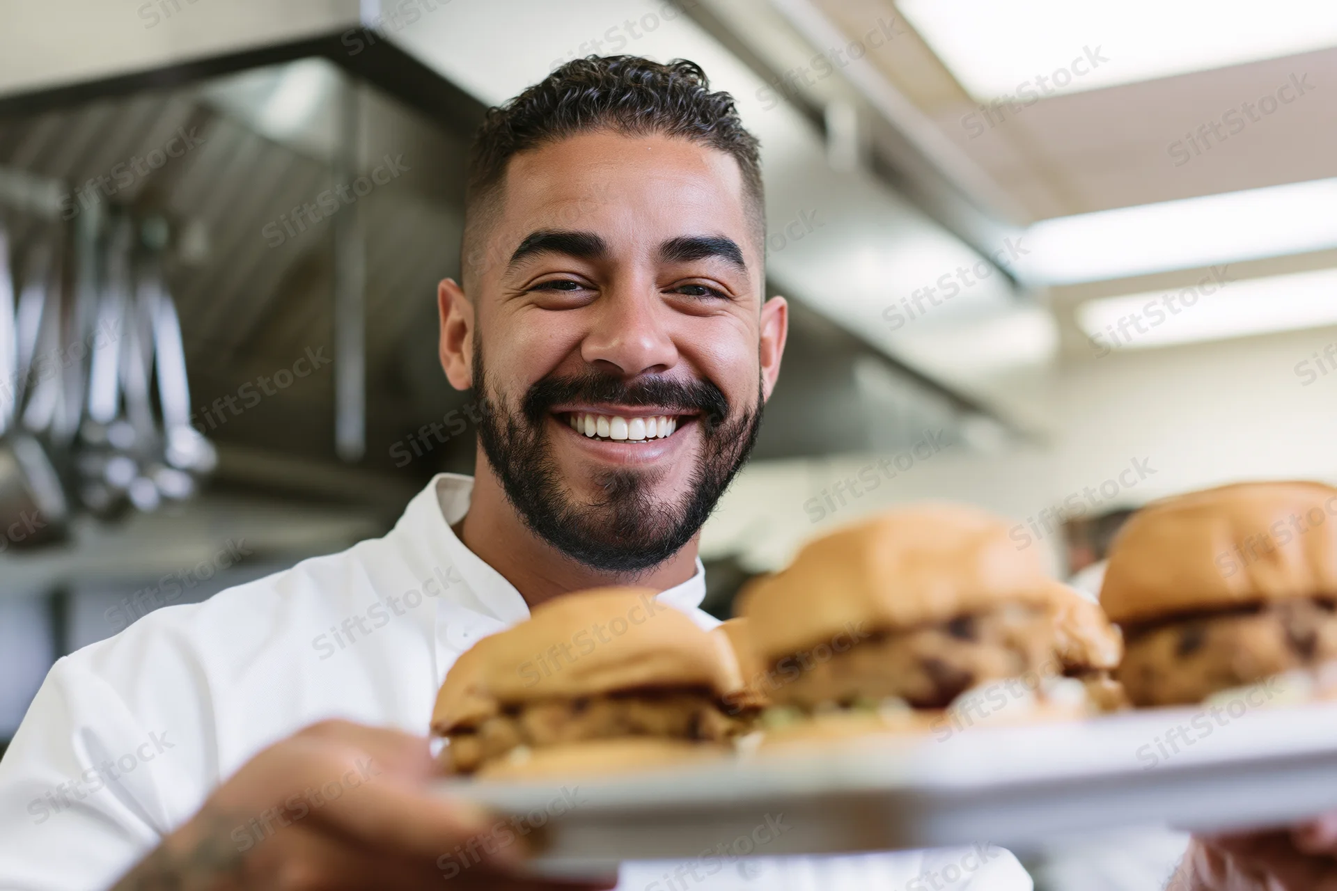Smiling male chef holding tray of burgers in commercial kitchen