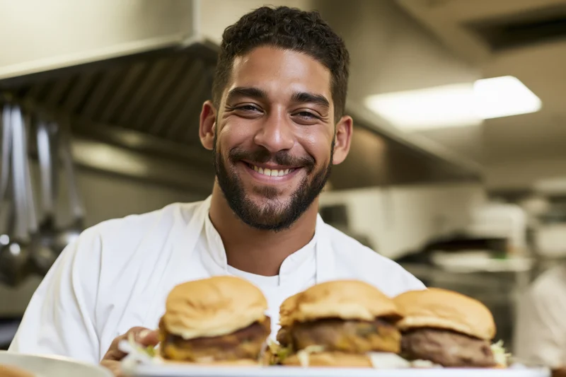 Smiling male chef holding tray of burgers in commercial kitchen