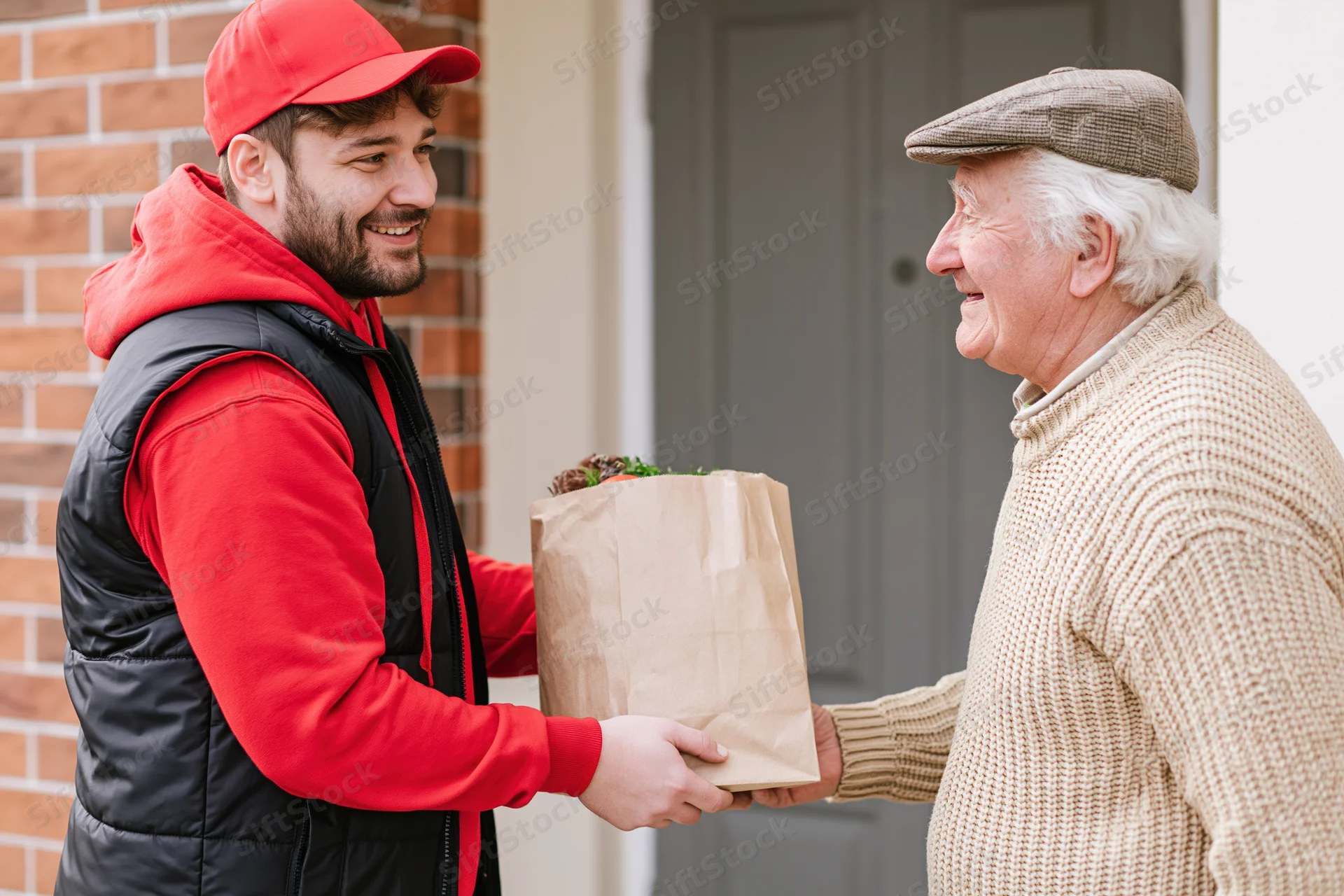 Delivery worker handing grocery bag to smiling senior man at front door
