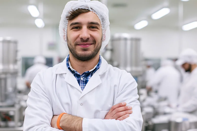 Man in white lab coat and hairnet smiling with arms crossed in factory interior