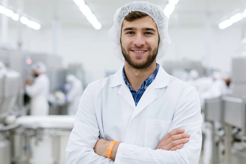 Young man in white lab coat and hairnet smiling with arms crossed in factory cleanroom