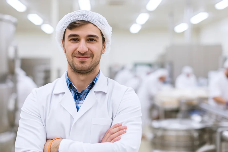 Young man in white lab coat and hairnet standing with arms crossed in factory production area