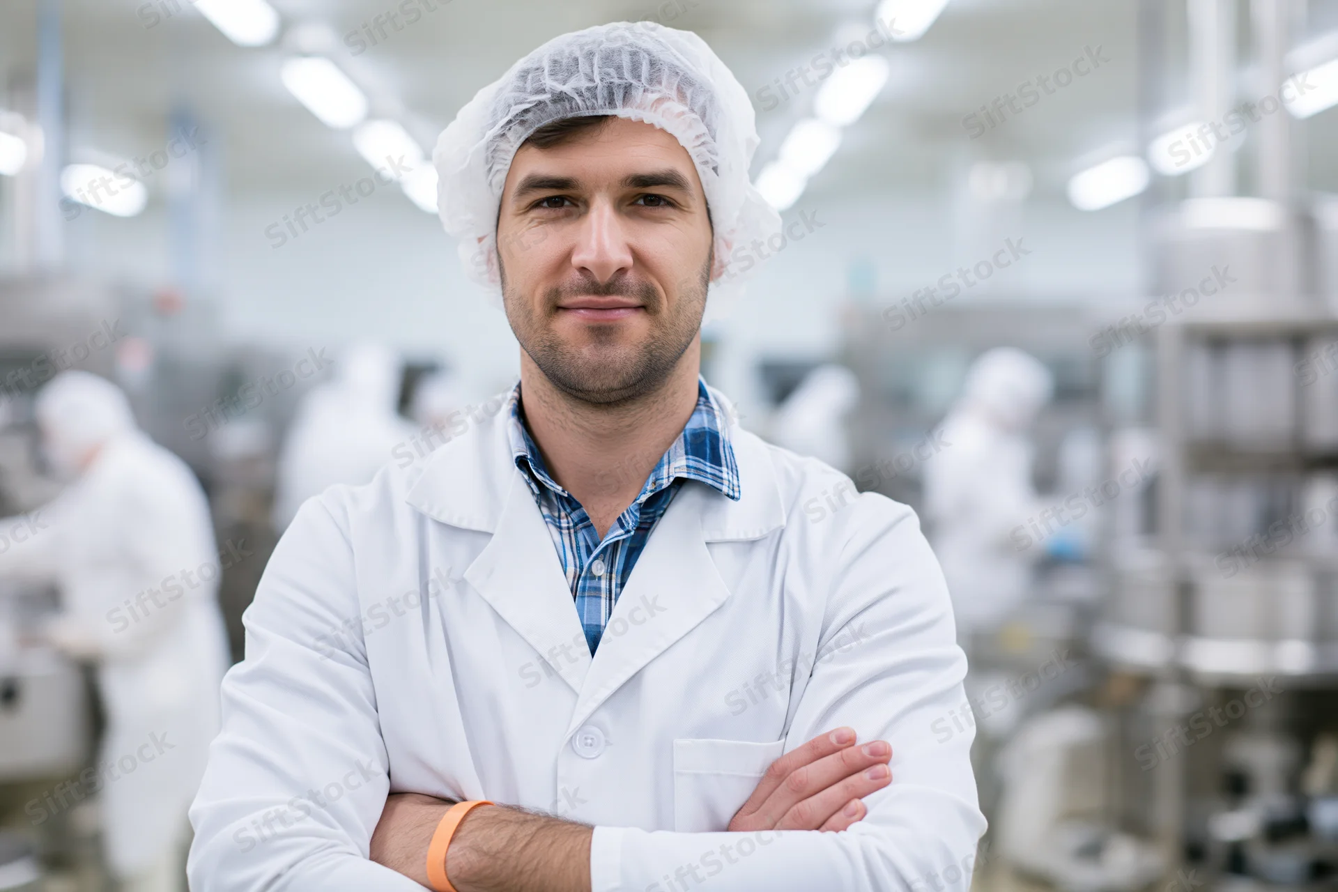 Man in white lab coat and hairnet standing with arms crossed in factory setting