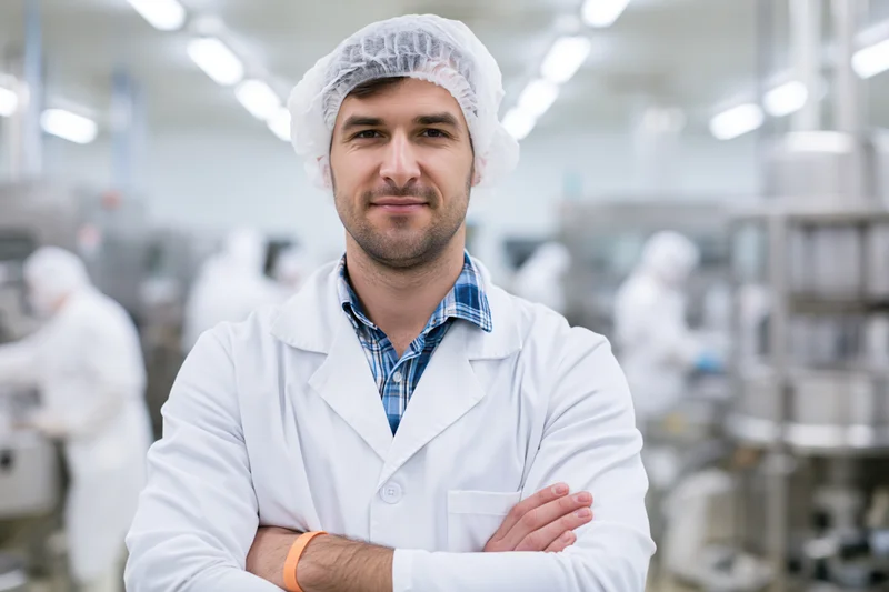 Man in white lab coat and hairnet standing with arms crossed in factory setting