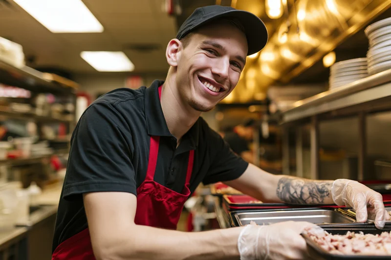Young male fast food worker smiling while handling food trays in a commercial kitchen