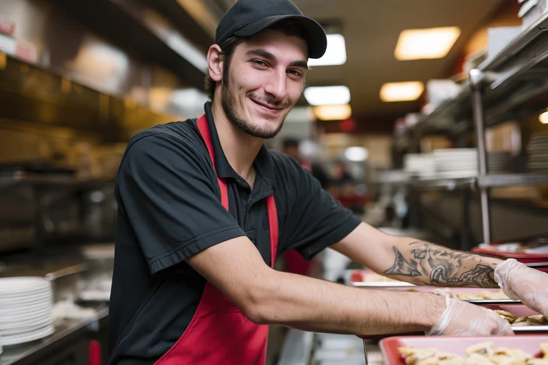 Young male fast food worker smiling while serving food from trays in a commercial kitchen