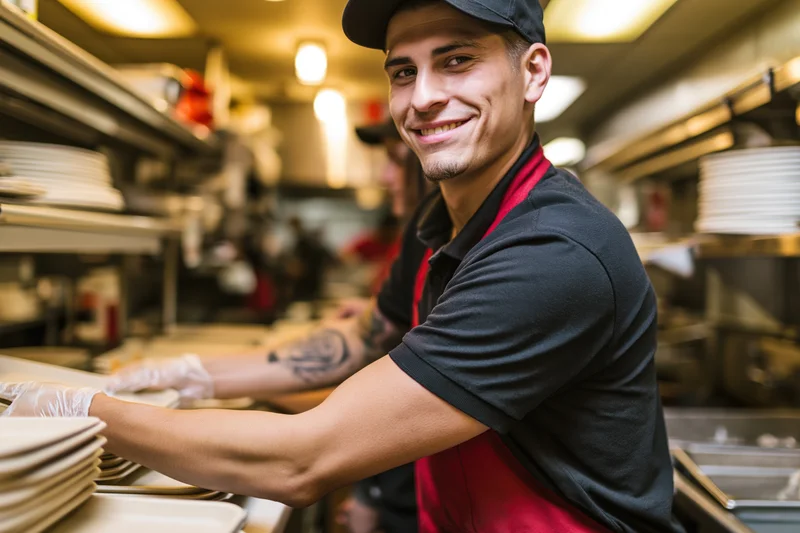 Young male fast food worker smiling while handling trays in a commercial kitchen
