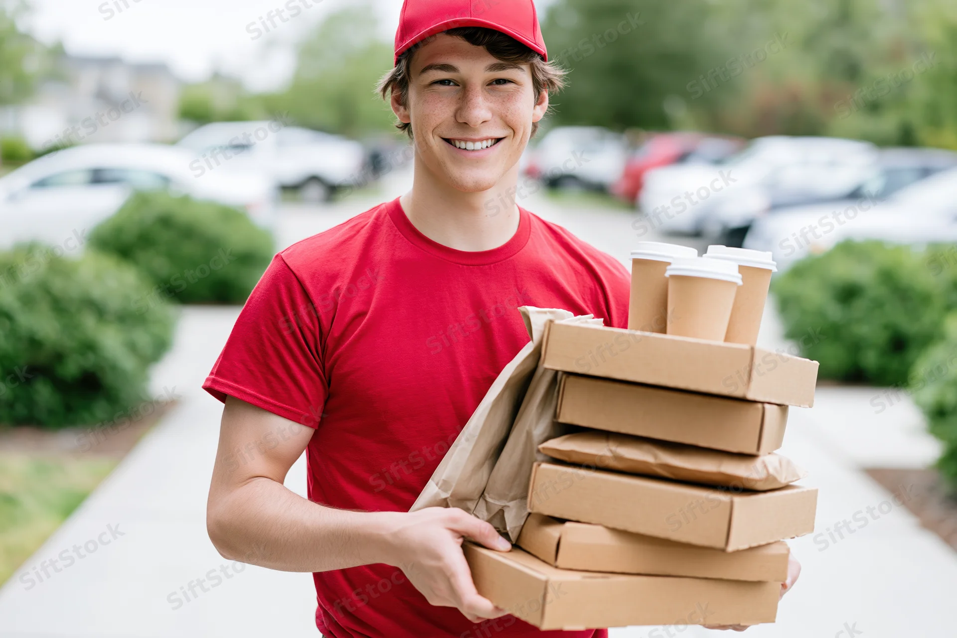 Young male delivery worker smiling while holding stack of pizza boxes and coffee cups on sidewalk