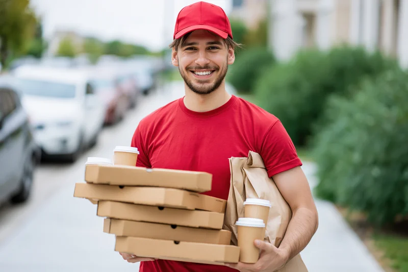 Smiling delivery man holding pizza boxes and coffee cups on sidewalk