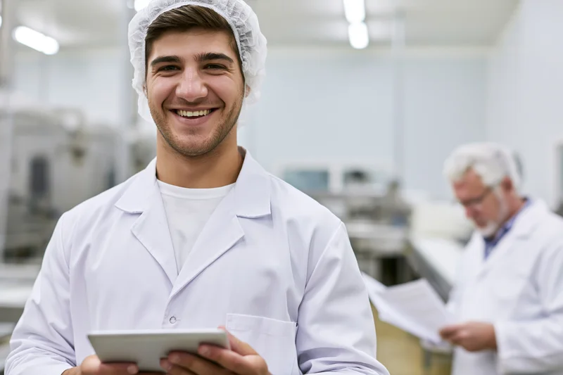 Young male food factory worker smiling while holding tablet in cleanroom environment