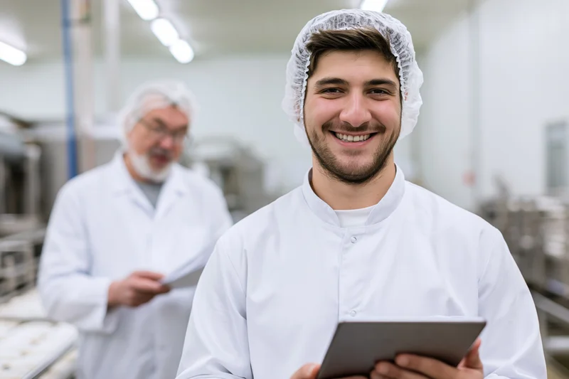 Young male food factory worker smiling and holding tablet in cleanroom facility